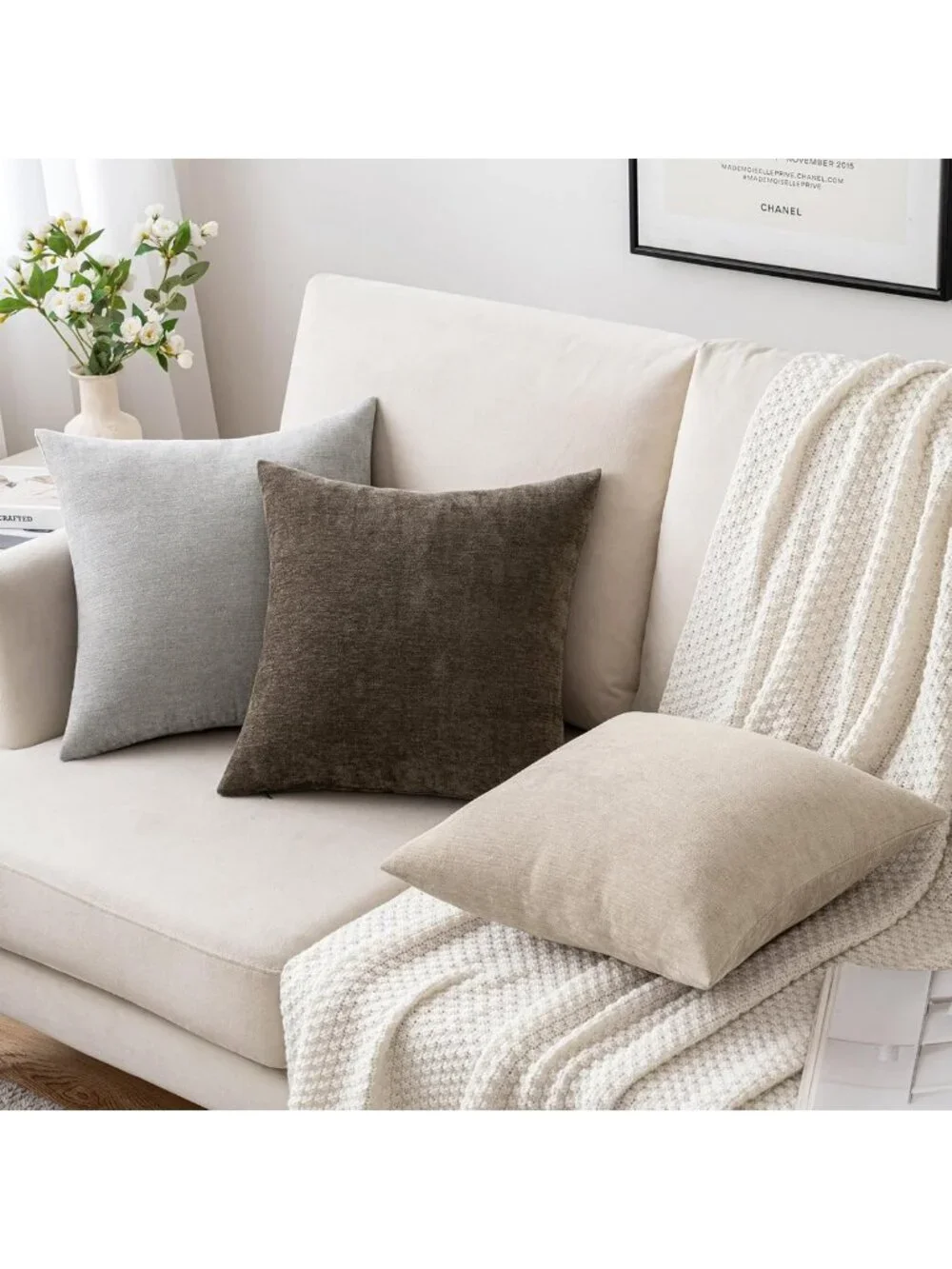 Soft Chenille Decorative Pillow Covers - Set of 2 Light Grey 18x18 Inch Cushions
